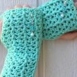 Mint Green Fingerless Gloves With Beaded..