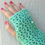 Mint Green Fingerless Gloves With Beaded..