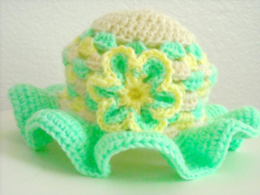 Crochet Baby Hat Granny Square Mint Green And Yellow