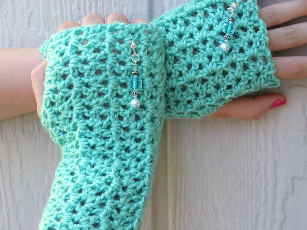 Mint Green Fingerless Gloves With Beaded Embellishment